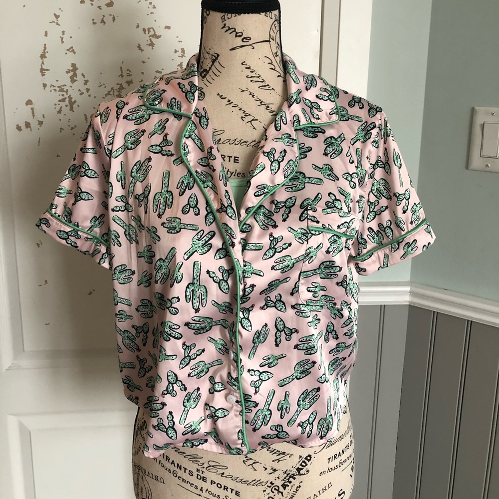 Garage pink and green button up silk top